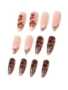 24pcs Elegant Vintage Street Style Minimalist Daily Gold Metal Bead Decor Mocha Brown Floral Brown Tortoise Shell Medium Almond Shaped Press-On Nails Fake Nails Set, Suitable For Girls And Women With Personalized - Mocha Brown - View 6