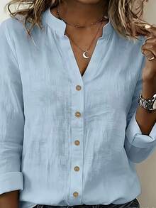 1pc Elegant Long Sleeve Solid Color Polyester Button-Up Women's Shirt, Suitable For Office, Home, Daily Wear In Spring And Summer - Light Blue - View 1