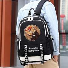 Miniso Anime Demon Slayer Rengoku Kyoujurou Round Golden Pattern Print Korean Style Backpack Large Capacity Laptop Rucksack External USB Charging Port And He - Black - View 2