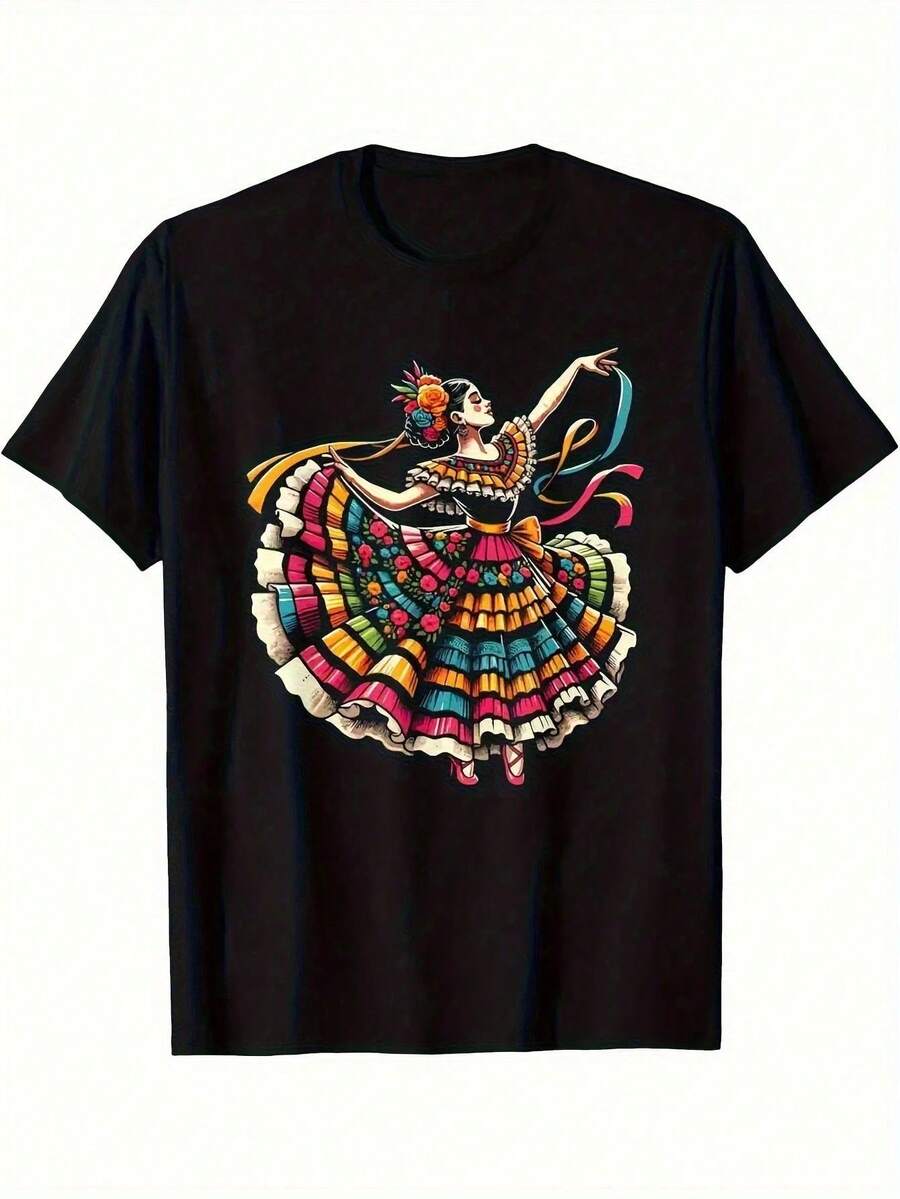 Best Selling Selection: Women's T-Shirt With Mexican Folk Art Print "Break The System" - Vibrant And Colorful Print Of Traditional Female Dance, Casual Crew Neck - 彩色 - 查看 1