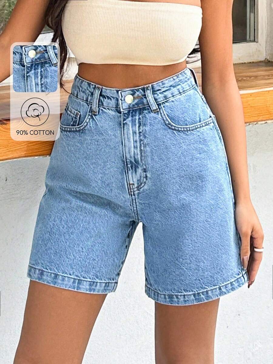 Women's Casual Washed Denim Bermuda Shorts, Suitable For Summer Daily Wear