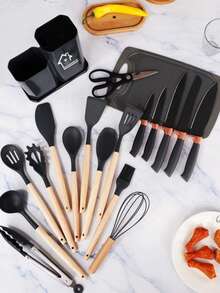 19-Piece Silicone Kitchen Utensil Set, Heat-Resistant And Scratch-Resistant Cooking Tools, Stainless Steel Knives With Silicone Handles, Includes Storage Rack (Black) CWKW - Black - View 1
