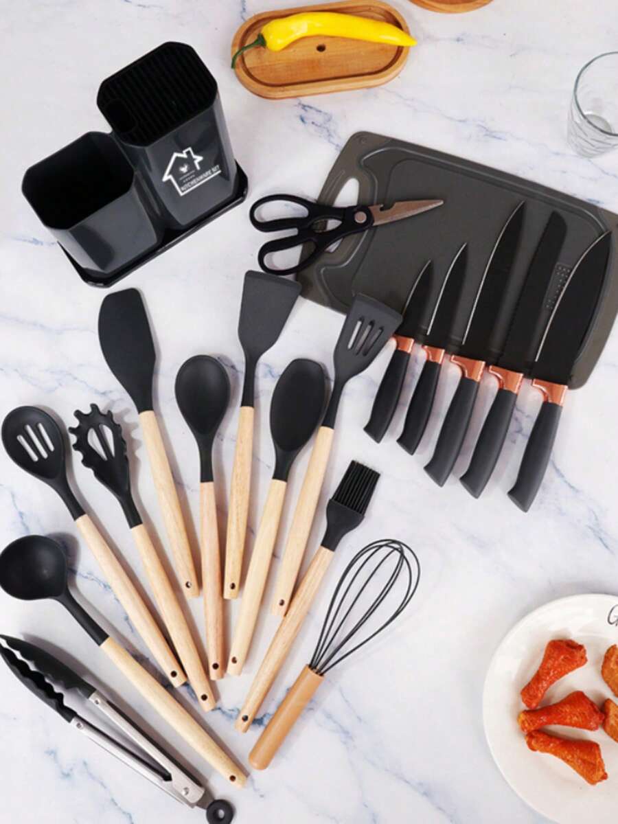 19-Piece Silicone Kitchen Utensil Set, Heat-Resistant And Scratch-Resistant Cooking Tools, Stainless Steel Knives With Silicone Handles, Includes Storage Rack (Black) CWKW - Black - View 1
