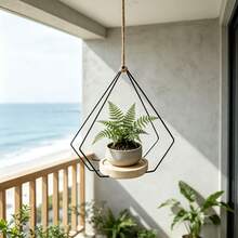 Rak Gantung Tanaman Logam Geometris Modern dengan Baki Kayu Solid dan Tali Rami yang Dapat Diatur, Stand Bunga Gantung Langit-langit, Rak Pot Gantung untuk Tanaman Dalam Ruangan Kecil seperti Pothos dan Ivy, Rak Bunga Gantung Hemat Ruang untuk Ambang Jendela, Balkon, Teras, Stand Pajangan Dekorasi Rumah Dalam Ruangan, Hadiah Pindah Rumah Unik untuk Pecinta Tanaman, Pot dan Tanaman Tidak Termasuk - Beraneka warna - View 3