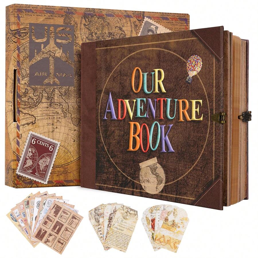 Our Adventure Book Retro Vintage, 146 Pages DIY Scrapbook Photo Album Travel Diary, Multipurpose Guestbook Memory Journal, Ideal Gift For Wedding Anniversary Travel Baby Friends Souvenir Keepsake - 復古色 - 查看 1