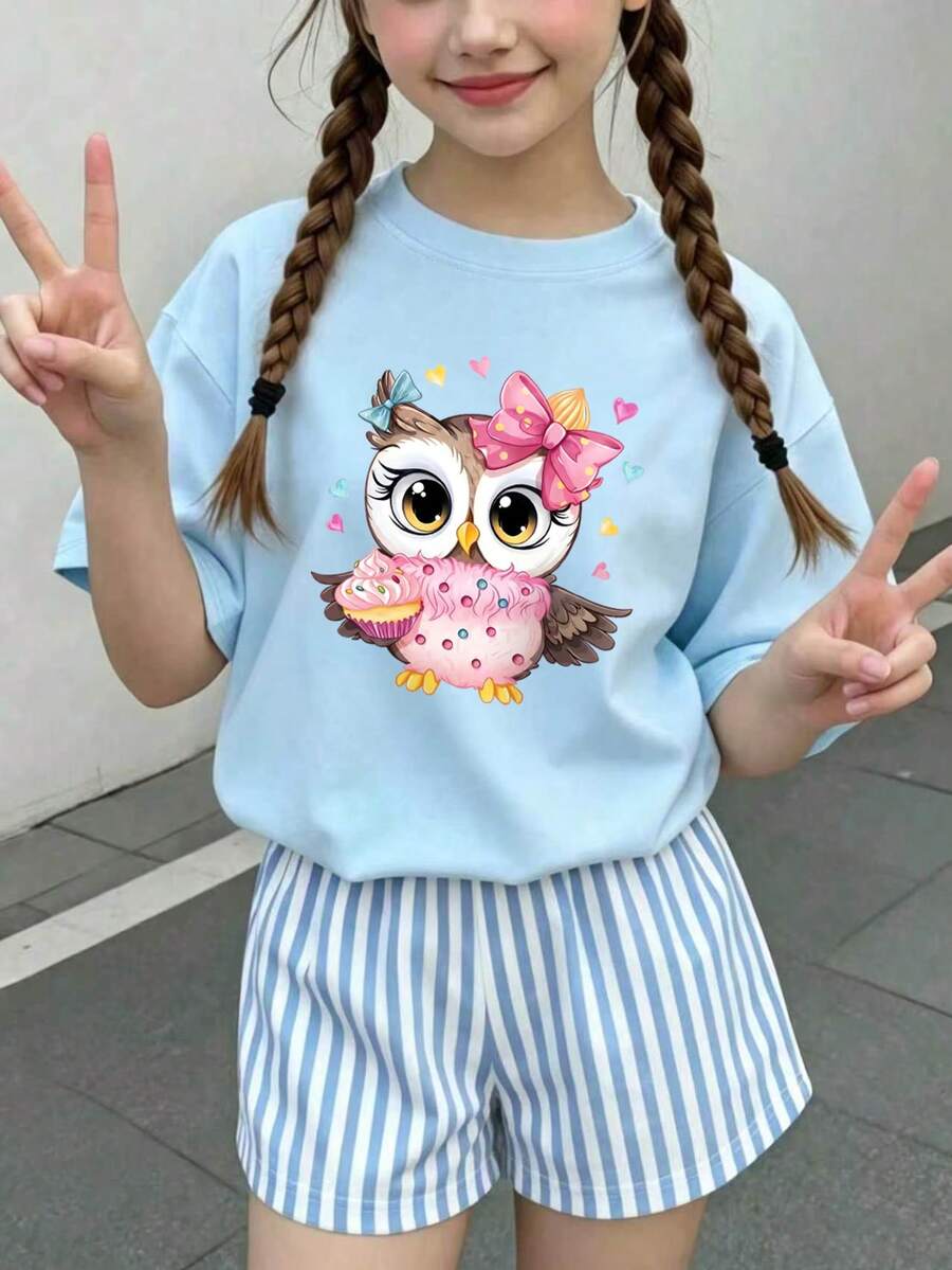 少女休闲趣味印花圆领短袖T恤,夏季上衣 - 淺藍色 - 查看 1