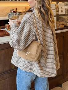 New Plaid Button-Up Women's Jacket, Casual College Style, Vacation, All Season Brown - Brown - View 3