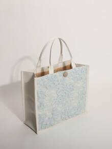 Bolso de mano de lino con bordado de malla con lentejuelas y patchwork floral azul claro, bolso tote de gran capacidad con patrón floral horizontal cuadrado, adecuado para vacaciones casuales (patrón floral distribuido aleatoriamente) - verde menta - Ver 5
