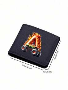 1pc Back To School Mini Cute Cartoon Personalized Fun 26 Excavator Construction Vehicle Flame Letter Print Bifold Wallet, Multiple Card Slots Inside, Can Hold Bank Cards, ID Cards, Cash, Meets Daily Travel Storage Needs. Suitable As Fan Gift, Birthday Small Gift. - Black - View 4