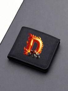 1pc Back To School Mini Cute Cartoon Personalized Fun 26 Excavator Construction Vehicle Flame Letter Print Bifold Wallet, Multiple Card Slots Inside, Can Hold Bank Cards, ID Cards, Cash, Meets Daily Travel Storage Needs. Suitable As Fan Gift, Birthday Small Gift. - Black - View 33