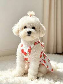 Fresh Strawberry Print Camisole Pet Dress, Bow Tie Strap Dog Dress For Maltese Teddy, Breathable Summer Princess Dress For Small And Medium Puppies, Lightweight Outdoor Photo Outfit - Red and White - View 1