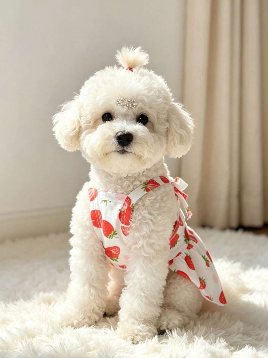 Fresh Strawberry Print Camisole Pet Dress, Bow Tie Strap Dog Dress For Maltese Teddy, Breathable Summer Princess Dress For Small And Medium Puppies, Lightweight Outdoor Photo Outfit - Red and White - View 1