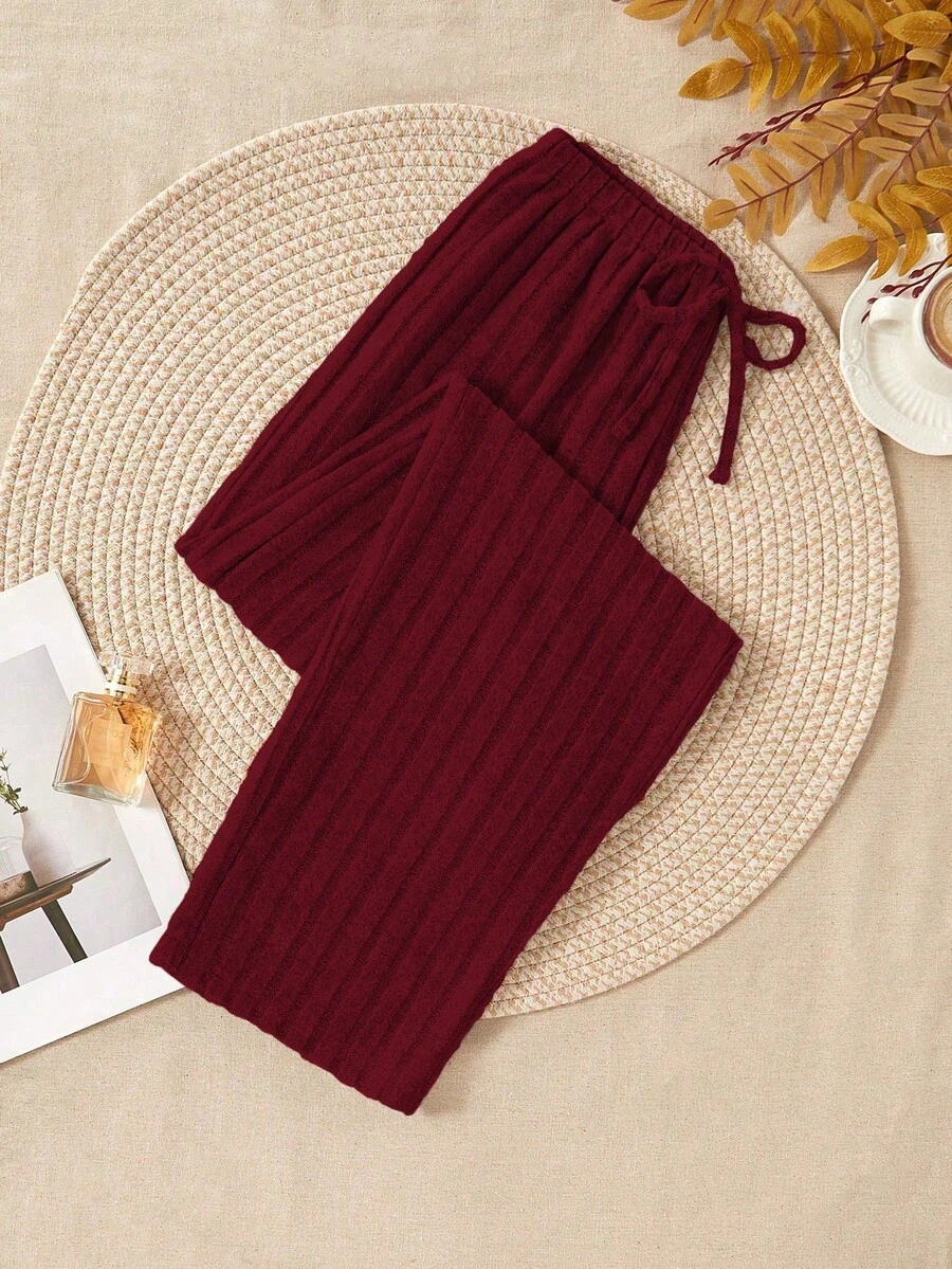 Pantalones cómodos de punto de unicolor para el hogar, otoño e invierno para mujer - Burdeos - Ver 1
