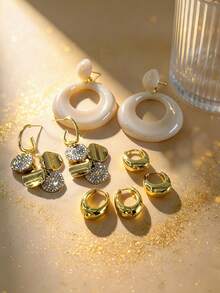 Set Anting Gantung & Anting Lingkaran 4 Pasang, Terbuat dari Resin, Lingkaran Besar + Cakram Emas + Mirip Berlian + Lingkaran Polos dari Logam, Cocok untuk Hadiah dan Paduan. - Yellow Gold - View 6