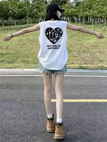 Women's Fashionable Summer Loose Casual Versatile Letter & Heart Print Tank Top White - White - View 7