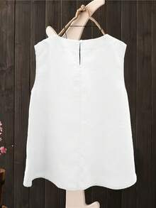 Women's Plus Size White Woven Fabric Tank Top, Regular Length Round Neck Sleeveless Top, Vintage Style Casual Summer - White - View 2