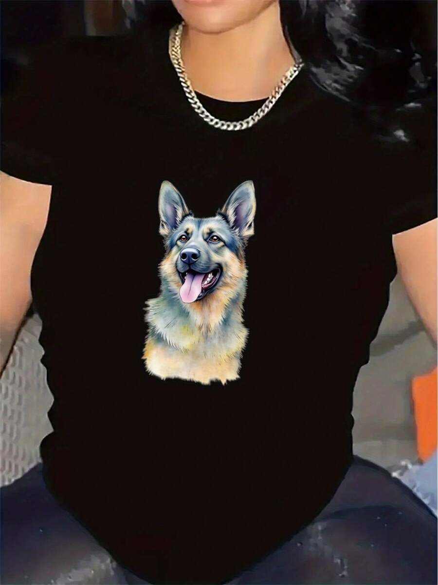 Women's T-Shirt: A T-Shirt With A Cute Dog Design, Ideal For Both Indoor And Outdoor Activities, Made To Be Durable And Comfortable, Perfect For A Casual Outfit. - 黑色 - 查看 1