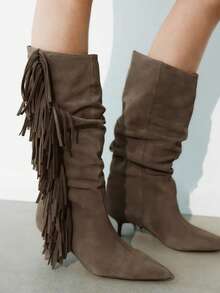 Botas altas con tacón de gatito fruncidas 2025, punta puntiaguda, por encima de la rodilla, botas de montar vintage de caña ancha, botas vaqueras - Marrón - Ver 5