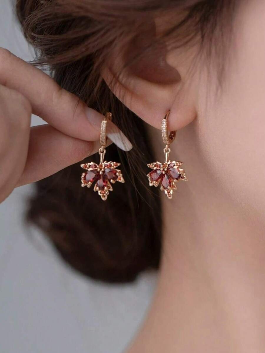 1 par de pendientes de hoja de arce con incrustaciones de cobre y strass - Multicolor - Ver 1