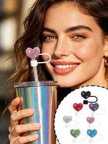 Premium Silicone Straw Cover With Sparkling Rhinestone Heart Decoration, Reusable Beverage Cup Lid, Compatible With 30oz And 40oz Tumblers, Glam Decor Accessory For Women, Suitable For Multiple Holidays And Birthday Gifts - Multicolor - View 1