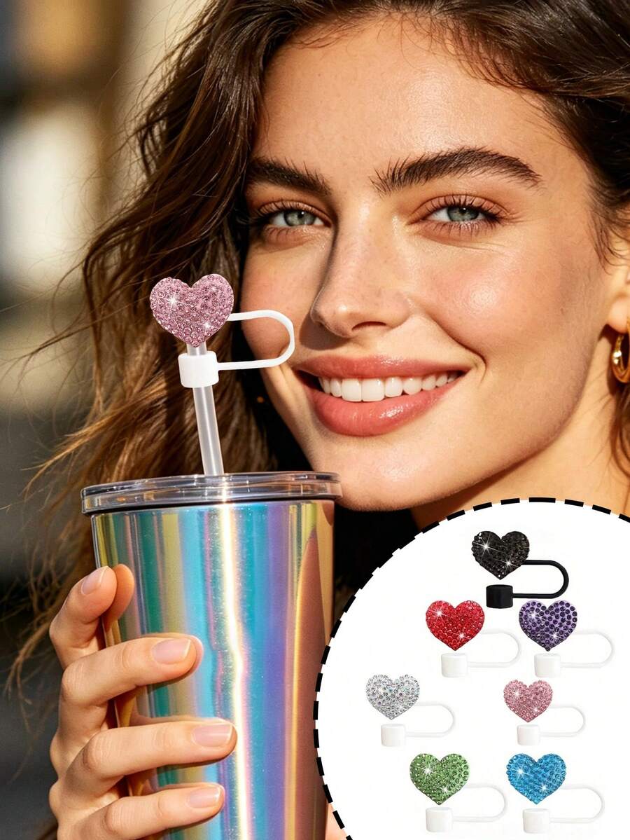 Premium Silicone Straw Cover With Sparkling Rhinestone Heart Decoration, Reusable Beverage Cup Lid, Compatible With 30oz And 40oz Tumblers, Glam Decor Accessory For Women, Suitable For Multiple Holidays And Birthday Gifts - Multicolor - View 1