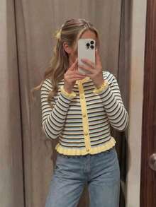 Women's Autumn Striped Patchwork Round Neck Metal Button Ruffle Hem Long Sleeve Knit Cardigan, Multi-Color Striped Knit Sweater Fall - Multicolor - View 1