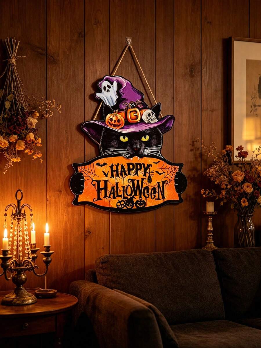 1 Set Halloween Door Decor - Witch Hat, Black Cat And Happy Halloween Banner - Indoor/Outdoor Hanging Decoration - Suitable For Halloween Party, Home Decor Or Gift - Vintage Halloween Door Decor - Multicolor - View 1