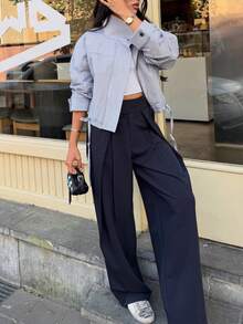Women's Oversized Plaid Short Jacket, Lapel Collar, Zipper & Button Detail, Loose Fit, Plaid Pattern, Practical Outerwear, Casual Everyday Streetwear, Pockets - Light Grey - View 9