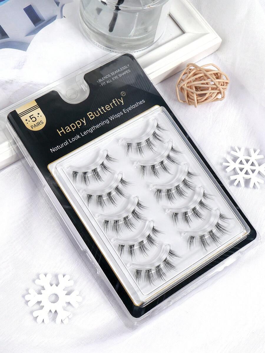 MAANGE 5 Pairs Natural Criss-Cross Full Head False Eyelashes, Transparent Lash Stem, Fluffy & Delicate, Suitable For Daily Use, Cartoon Style, Travel Essential