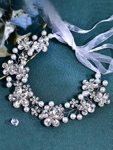 1pc Fashion Rhinestone Faux Pearl Bridal Waist Belt, Wedding Dress Gown Accessory, Women's Belt Suitable For Daily Wear, Party, Holiday, Gathering - Silver - View 3