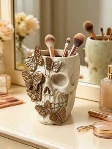 Skull Makeup Brush Holder, Butterfly-Shaped Gothic Makeup Brush Holder, Desktop Pen Holder, Dressing Table Decoration, Pink/Gold - Multicolor - View 2