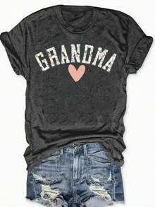 Plus Size Casual Grandma Heart Print T-Shirt, Short Sleeve Round Neck Tee With Special Effect Printing For Summer Parties - Grey - View 2