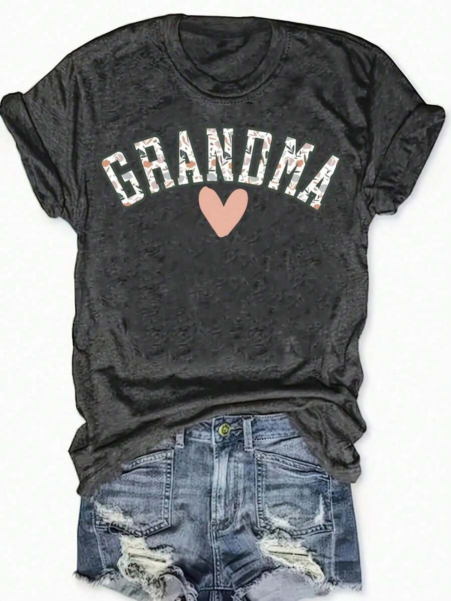 Plus Size Casual Grandma Heart Print T-Shirt, Short Sleeve Round Neck Tee With Special Effect Printing For Summer Parties