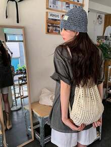 女款編織網格抽繩後背包 波西米亞風鉤針手提包 休閒沙灘包 適合返校季 - 彩色 - 查看 2