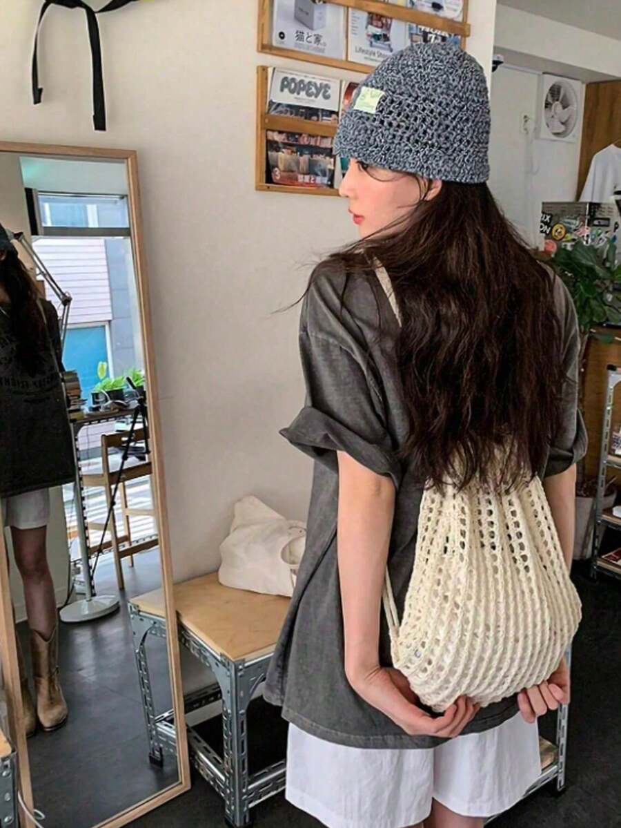 女款編織網格抽繩後背包 波西米亞風鉤針手提包 休閒沙灘包 適合返校季