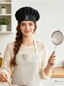 1pc A-Z Letter Chef Hat, Adjustable Elastic High Top Baker Hat, Cooking Kitchen Hat, Unisex Uniform Cap - Black - View 3