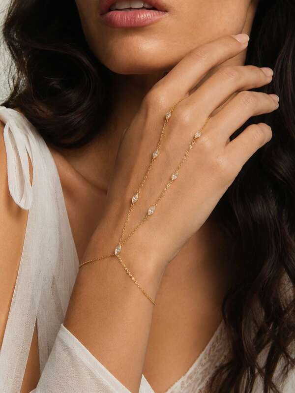 1pc Women's Minimalist Teardrop Rhinestone Finger Bracelet, Delicate Stackable Hand Jewelry