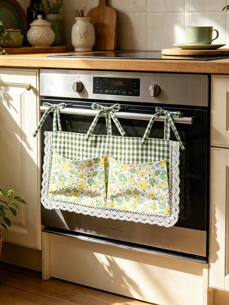 1pc Korean Vintage Green Short Curtain, Suitable For Kitchen Oven, Bedside Dual Pocket Storage Bag, Can Store Bottles, Small Items, Phone, Etc., Car Storage Bag