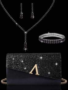 Shiny Luxury Women's Sequin Clutch, V-Shaped Metal Flap Bag, Letter Fashion Party Bag, Women's Ball Handbag, Women's Wedding Evening Bag, Shiny Luxury Diamond Jewelry Set, Sparkling Necklace, Earrings And Bracelet Set, Suitable For Matching Shiny Evening Gowns, Wedding Dresses And Party Outfits - Black - View 11