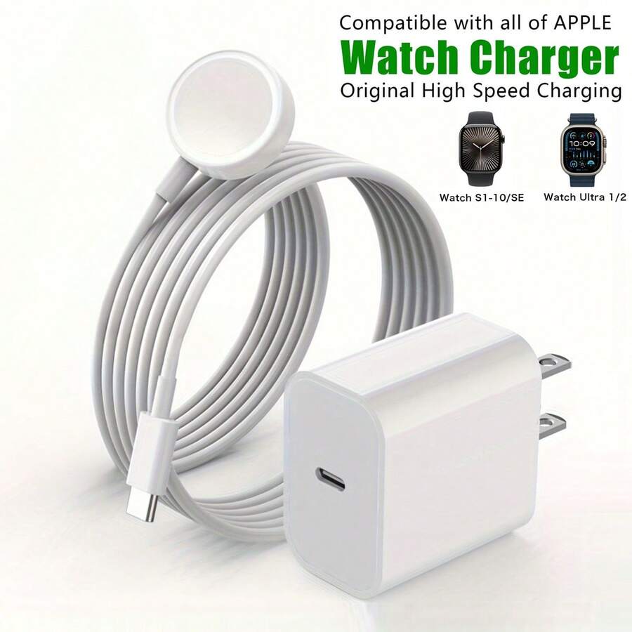 磁吸無線充電套件 USB-C 快速充電牆接頭 20W 充電頭,附 3.3FT/100cm 長 USB-C 轉手錶無線充電線,相容 充電套件 - 查看 1