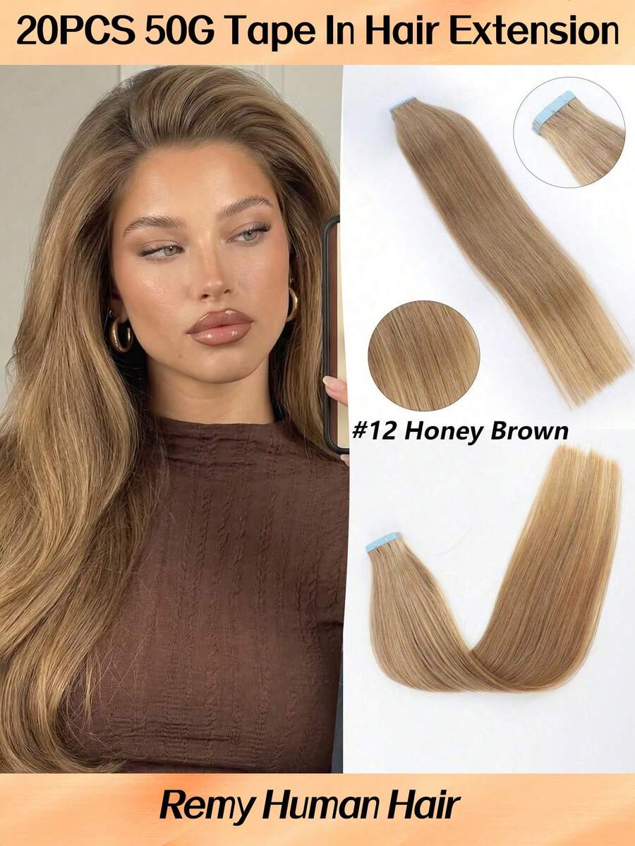 Jessie's Selection 20pcs/Pack 50g Tape In Hair Extensions Skin Weft Remy Silky Straight Seamless Invisible Tape Adhensive 150Grams 100% Human Hair Extensions For Volume Add Length Luxury Quality Affordable Cost Salon Quality(#12 Honey Brown) - S12 - 查看 1
