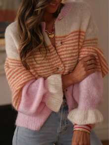 Early Autumn New Striped Colorblock Cardigan Sweater, Loose Straight Silhouette Niche Style Outerwear Fall - Hot Pink - View 2