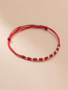 1pc S925 Sterling Silver Red Cord Adjustable Bracelet, Gentle Vibe, Versatile For Daily Commute, Minimalist Niche Chic, New Chinese Style, Gift For Best Friend Or Couple - Beads - View 3
