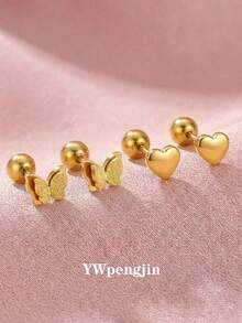 2 Pairs/Set Children's Minimalist Sweet Cute Delicate Matte Double-Layer Butterfly And Smooth Heart Gold Stud Earrings, Ideal Gift For Girls, Kids, Family, Friends, Classmates, Sisters, Daughters, Suitable For Street, Vacation, Party, Date, Festival, Birthday, Anniversary, Daily Wear Jewelry Accessories - Gold - View 2