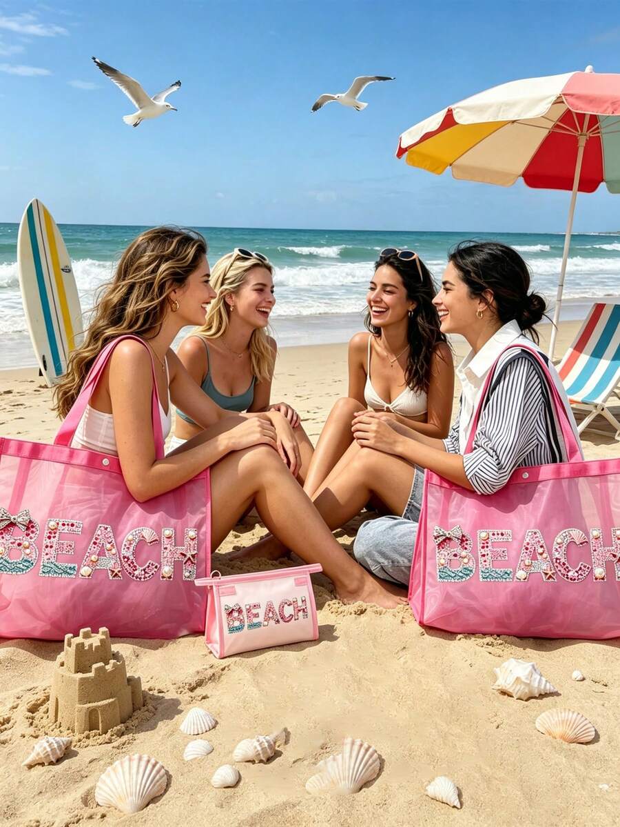 Rhinestone Letter Pattern Mesh Beach Tote Bag, Portable Transparent Hawaiian Style Cosmetic Bag, Lipstick Powder Skincare Toiletries Storage Bag, Multi-Functional Travel Cruise Dorm Essential, Women's Lightweight Summer Beach Tote, Ideal Wedding Bridesmaid, Mother's Day And Birthday Gift For Friends, Family And Teachers, Home Bathroom Bedroom Jewelry Nail Polish Lip Gloss Storage Bag - Multicolor - View 1