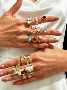 50/36/20/6pcs Women's Bohemian Vintage Fashion Ring Set, Gold-Tone Faux Colorful Gemstone Pearl Asymmetric Polished Tiger Eye Sunflower Wide Geometric Liquid Rings, Exaggerated Old Money Style Stackable Wide Bands, Fashion Elegant Versatile Ring Set (Random Styles) - Yellow Gold - View 5