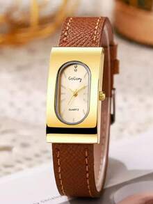 1 pieza Reloj cuadrado vintage de mujer con números romanos en negro & dorado, esquema de color clásico negro & dorado, versátil y retro. Pertenece a relojes de mujer, relojes de cuero, accesorios de moda dorados, adecuado como regalo de graduación, regalo para la novia, uso diario, lugar de trabajo o atuendo vintage, mostrando elegancia madura, accesorio esencial de mujer para realzar la sofisticación del atuendo y la atmósfera vintage. - Marrón - Ver 4