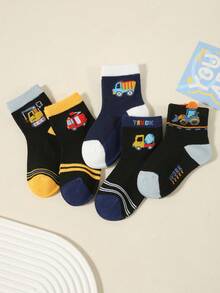 5 Pairs Boys' Cartoon Excavator & Car Printed Breathable Mesh Short Socks, Soft & Comfortable, Suitable For School And Daily Wear, Spring/Summer & All Season - Multicolor - View 3