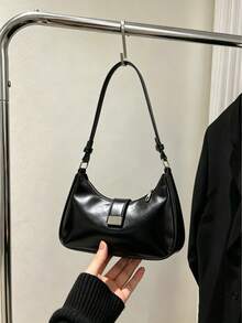 Minimalist Black Curved Crescent-Shaped Messenger Bag With Adjustable Shoulder Strap, Vintage Shoulder Bag - A - View 1