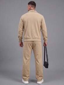 Fashionable New Men's 2 Pieces Set With Herringbone Wheat Jacquard Lapel Full Zip Jacket And Straight Leg Drawstring Pants - Khaki - View 4